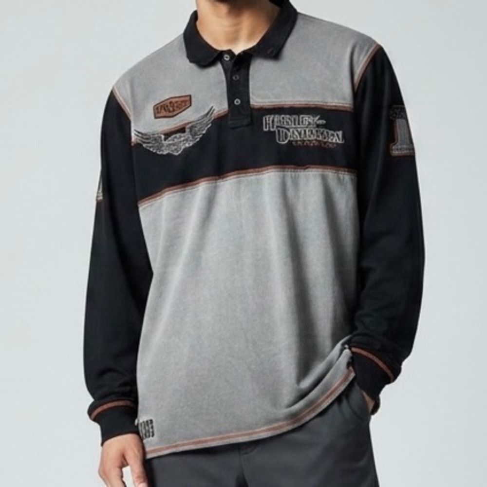 Harley-Davidson Shirt Polo Mens 2XL Long Sleeve Grey Black Embroidered Biker VTG